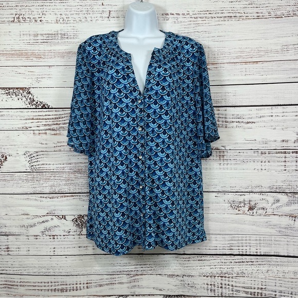JM Collection Blue Boho Paradise Button Short Sleeve Blouse - Picture 1 of 13